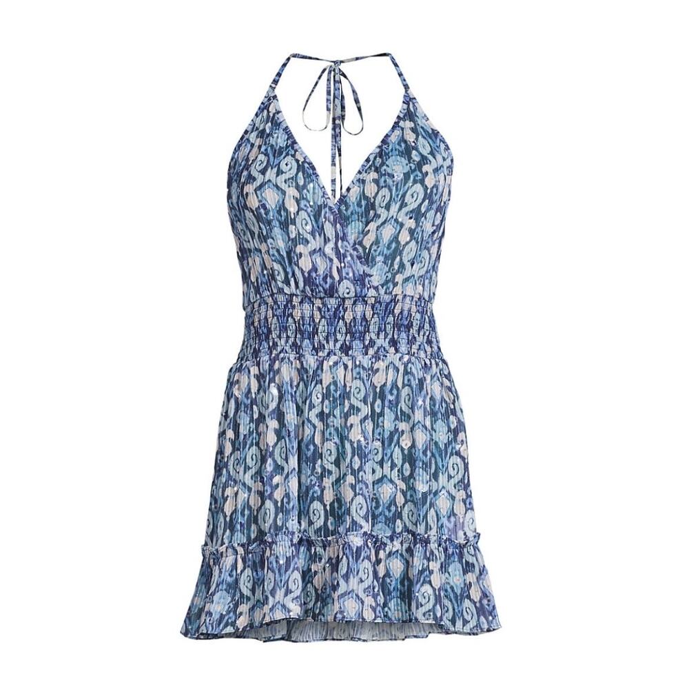 Ramy Brook Liza Dress Spring Navy Sequin Smocked Mini Dress NWT Large